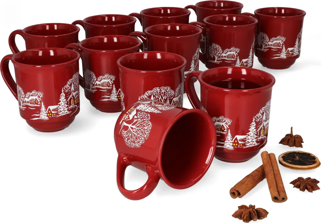 set di 12 tazze da vin brulé da 0,2 litri in ceramica con paesaggio natalizio rosso, calibrate