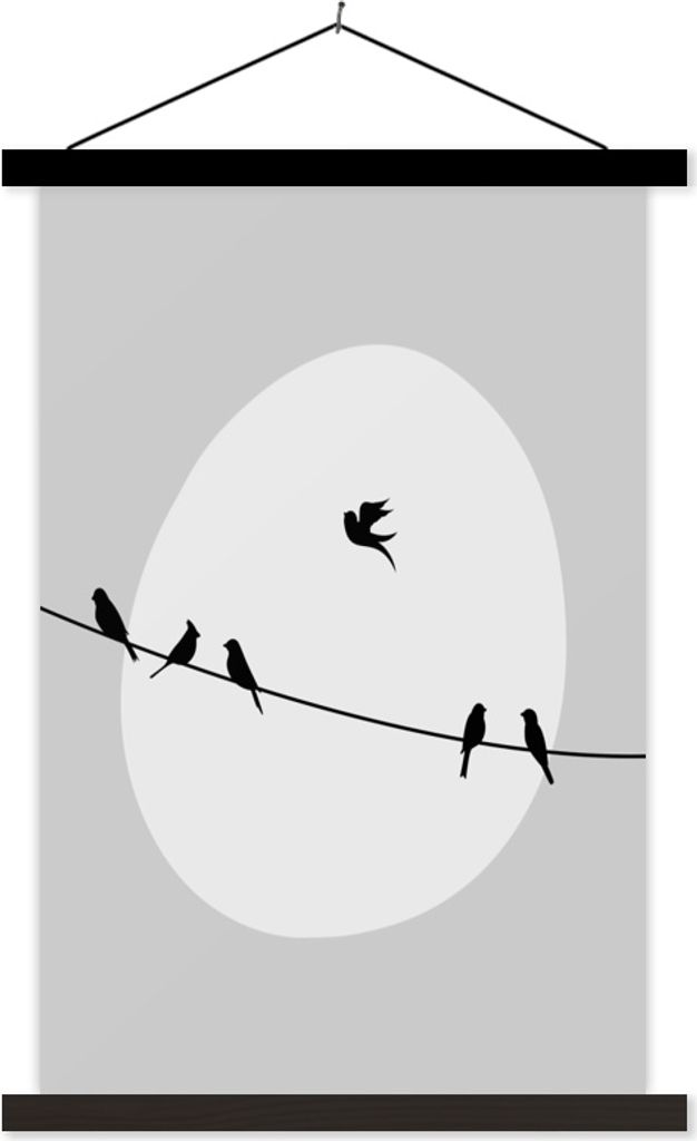 MuchoWow Textilposter Vögel - Schwarz - Weiß 60x90 cm mit schwarzem Rahmen - Poster Wohnzimmer