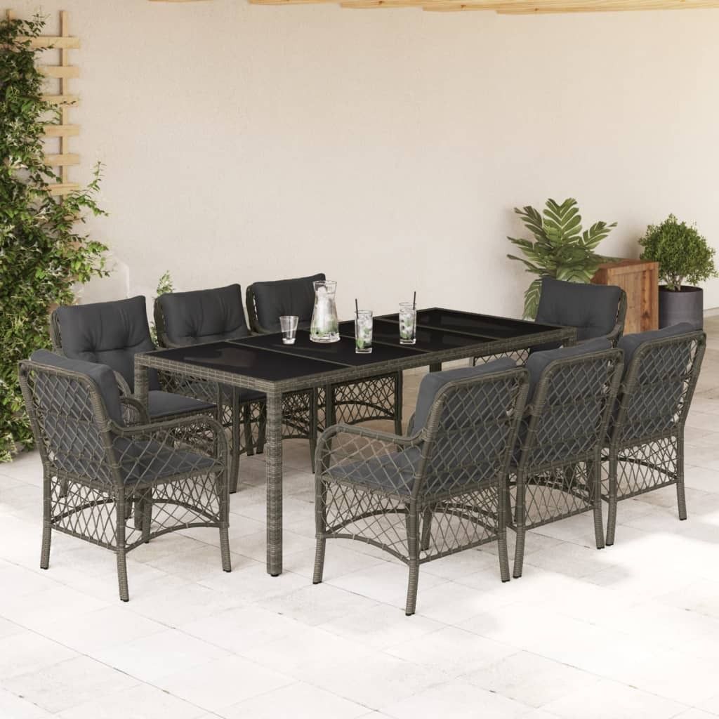 Maison Exclusive - 9-tlg. Garten-Essgruppe mit Kissen Grau Poly Rattan