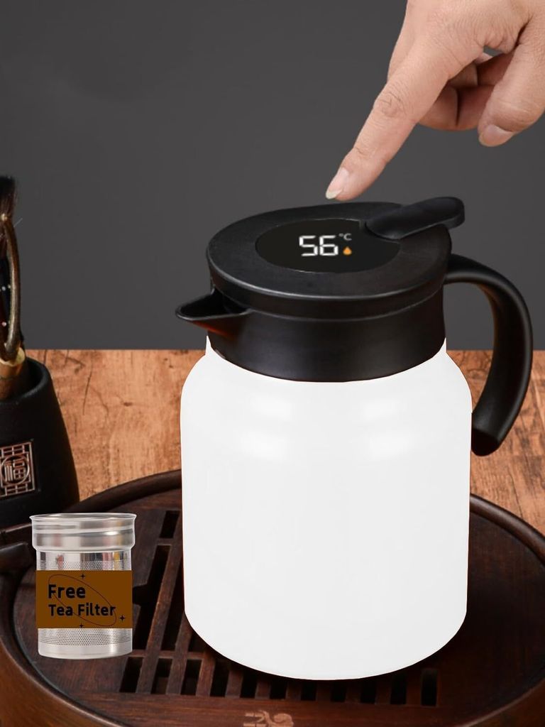 1000ML-Thermo-Kaffeekaraffe mit Tee-Ei/Doppelwandige Vakuum-Thermoskanne mit LED-Anzeige/Teekanne/12 Stunden Hitze und 24 Stunden Kältespeicherung...