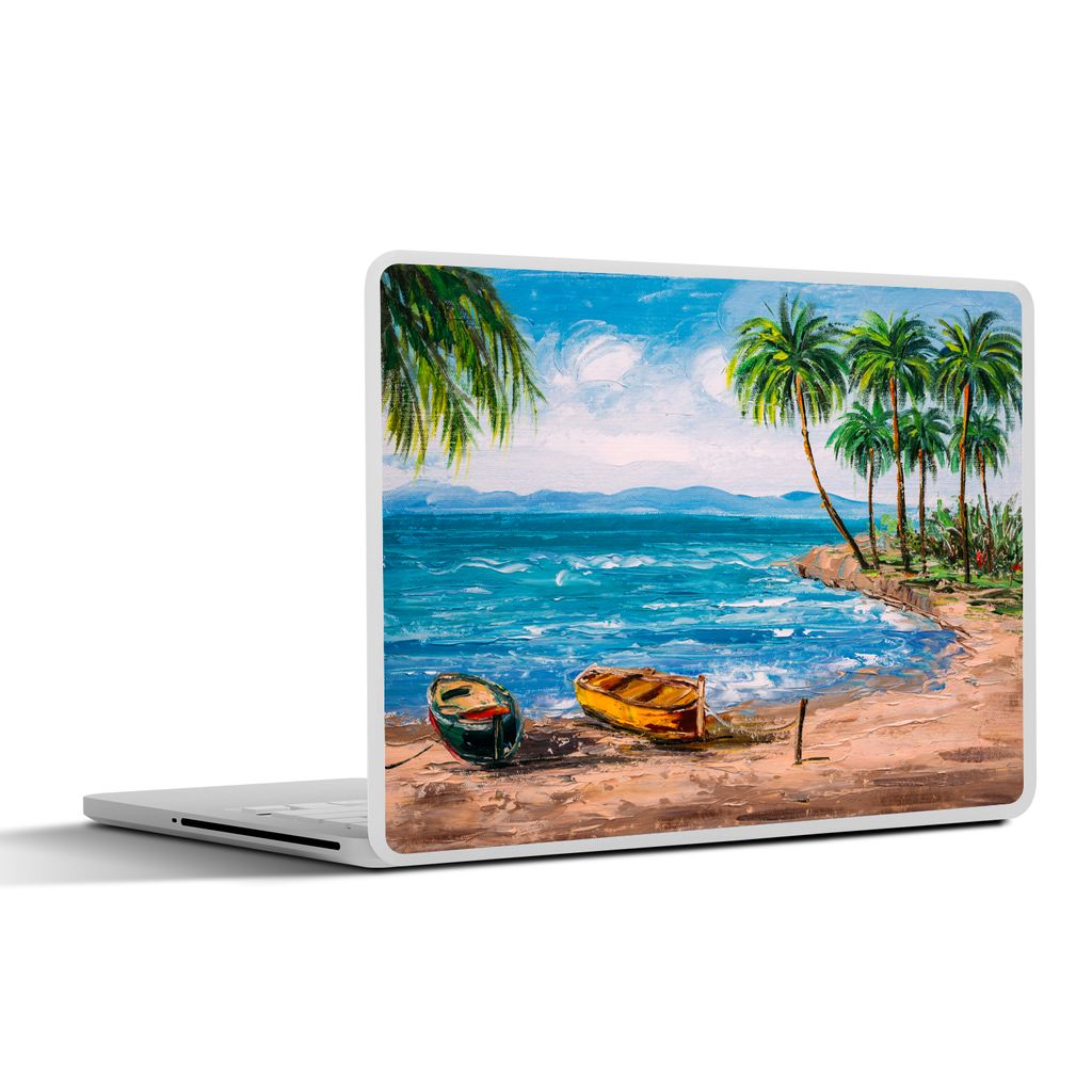 MuchoWow Laptop Aufkleber Sticker Cover Gemälde - Öl auf Leinwand - Strand - Palme - Boot 30x21 cm - Sticker für Laptop - Selbstklebend