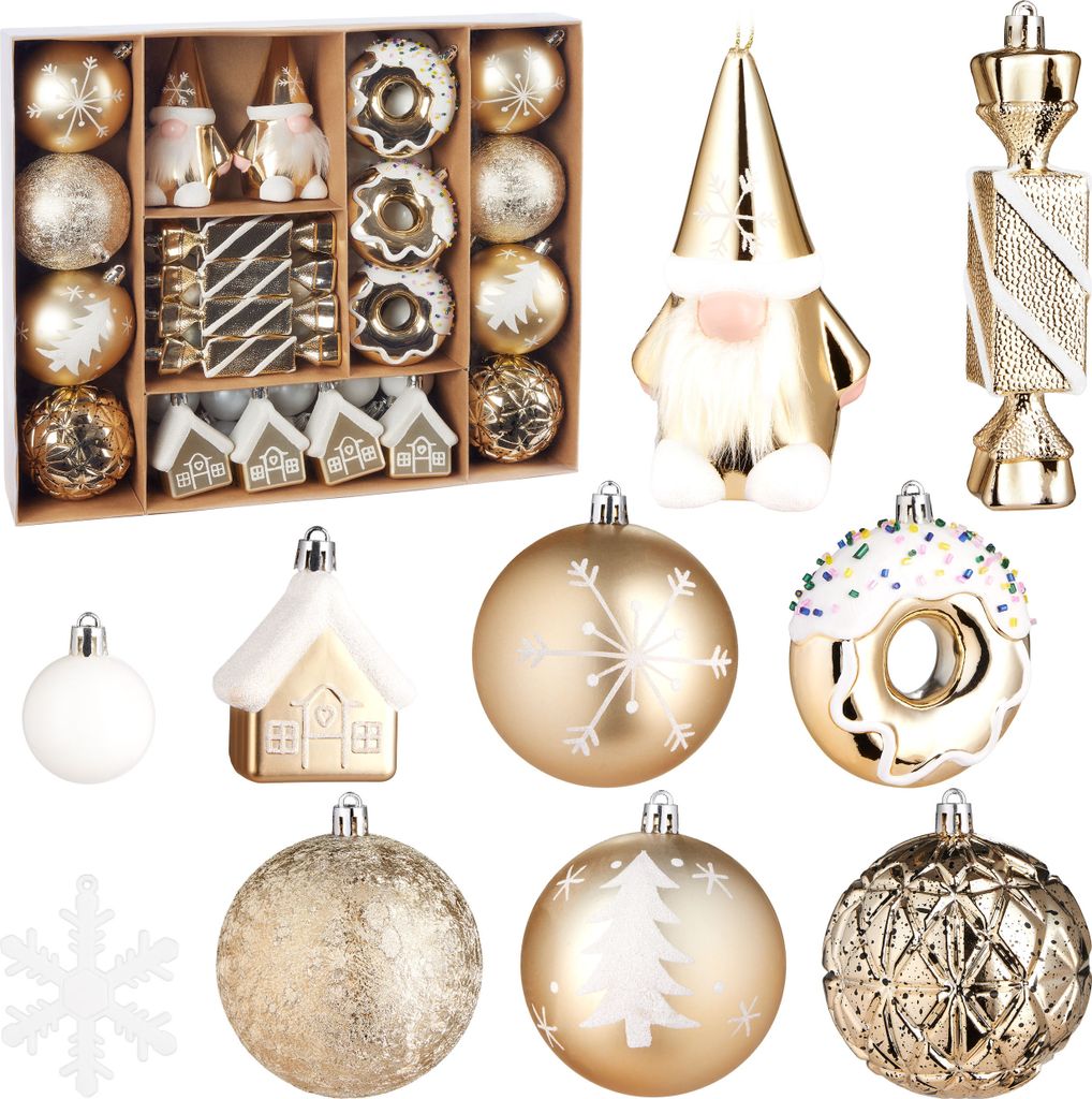 A collection of Christmas ornaments in gold and white.