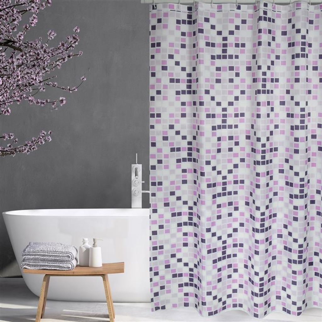 MSV Premium Anti-Schimmel Textil Duschvorhang - Anti-Bakteriell, waschbar, 100% wasserdicht - Polyester, „Mosaiko“ Lila 180x200cm – Spain