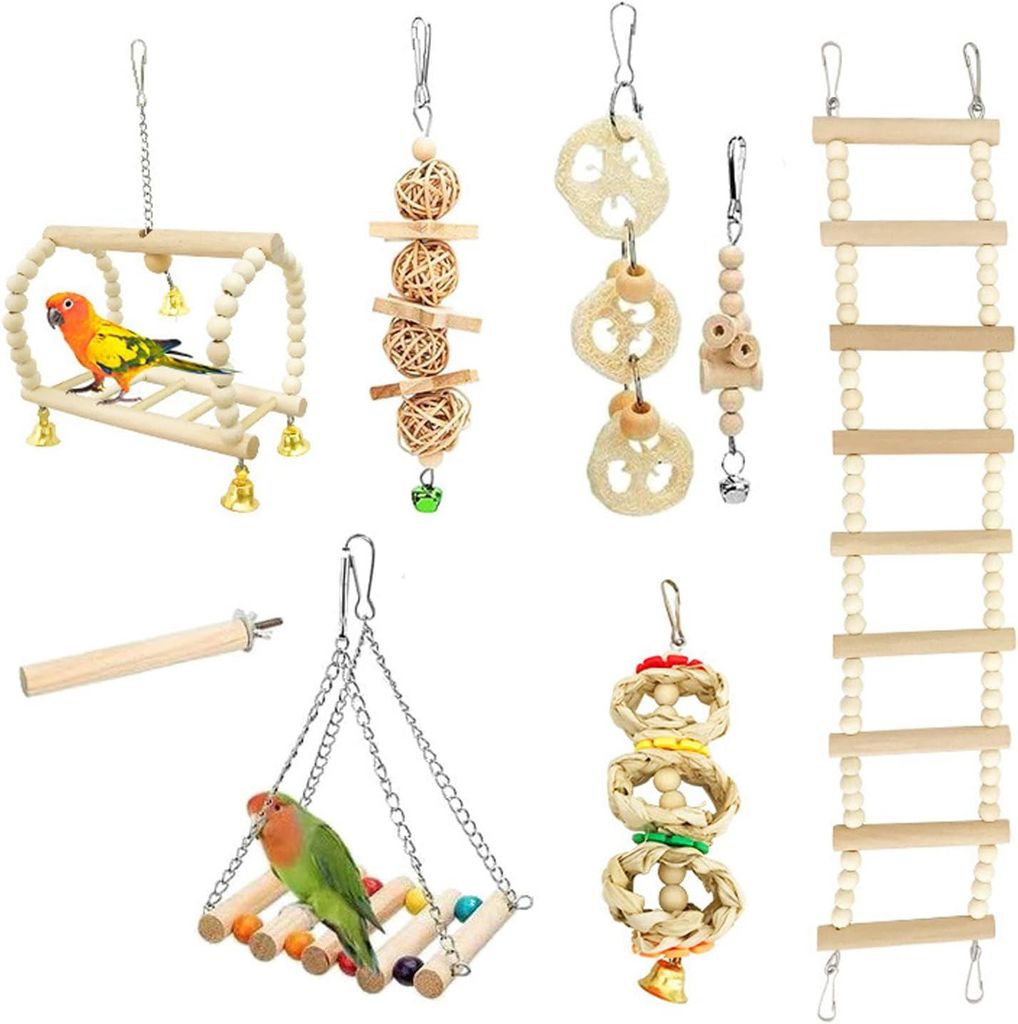 Set mit 8 Vogelspielzeugen (klein/mittelgroß): Schaukeln, Leitern, Glöckchen und Zubehör