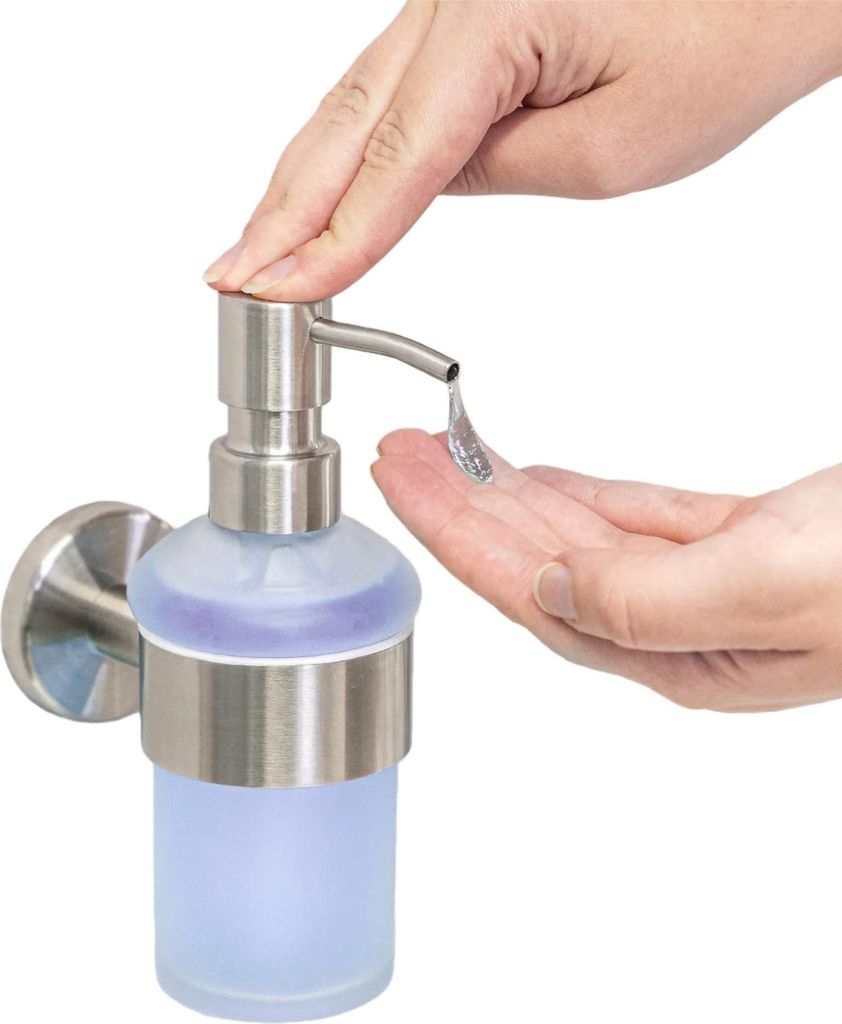 Seifenspender mit Wandhalterung, 200 ml, Edelstahl matt, Satiniertes Glas, Nachfüllbar, Modern, Platzsparend, für Bad & Küche