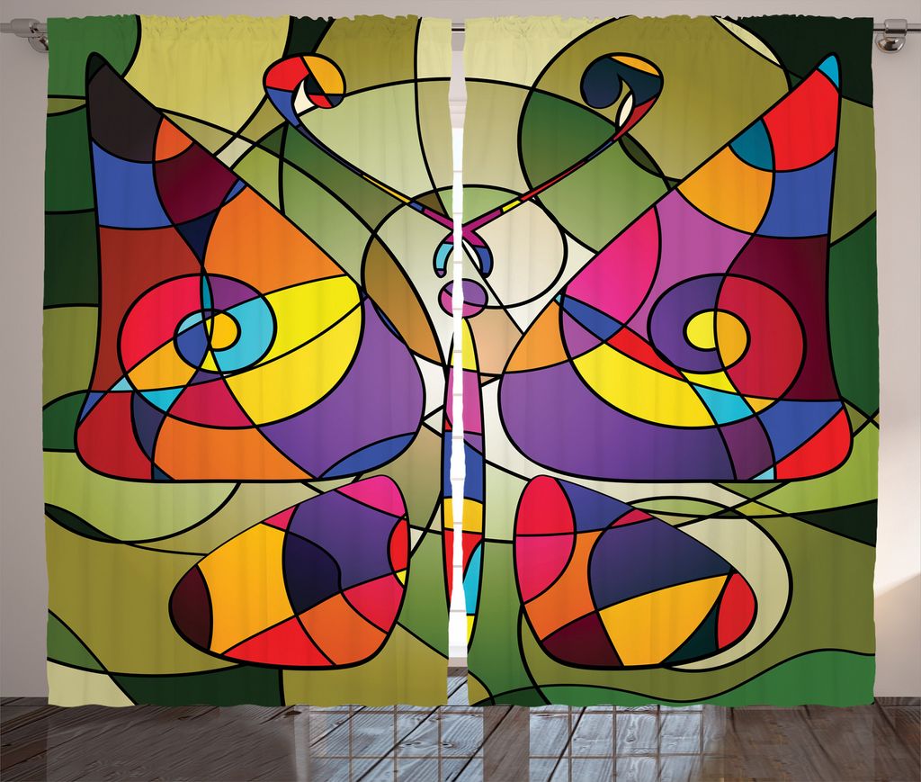 ABAKUHAUS Bunt Rustikaler Gardine, Abstrakte Schmetterlingskunst, Schlafzimmer Kräuselband Vorhang mit Schlaufen und Haken, 280 x 225 cm, Mehrfarbig