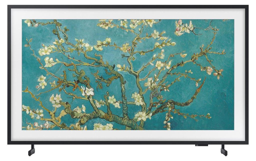 A Samsung Frame TV displaying Van Gogh's Almond Blossoms painting.