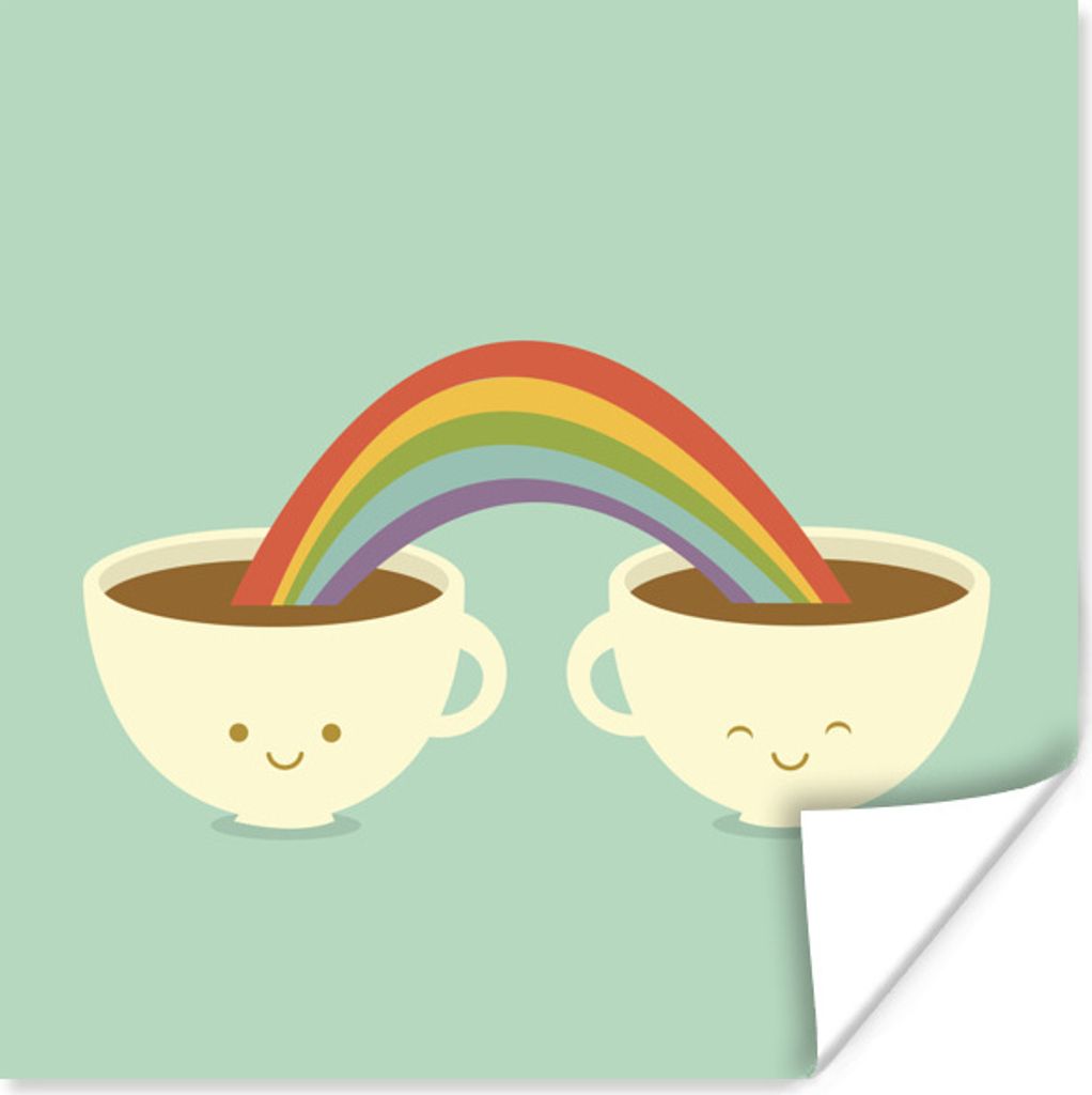 MuchoWow Poster Eine Illustration eines Regenbogens über zwei Tassen Kaffee 30x30 cm - Wandposter - Printing