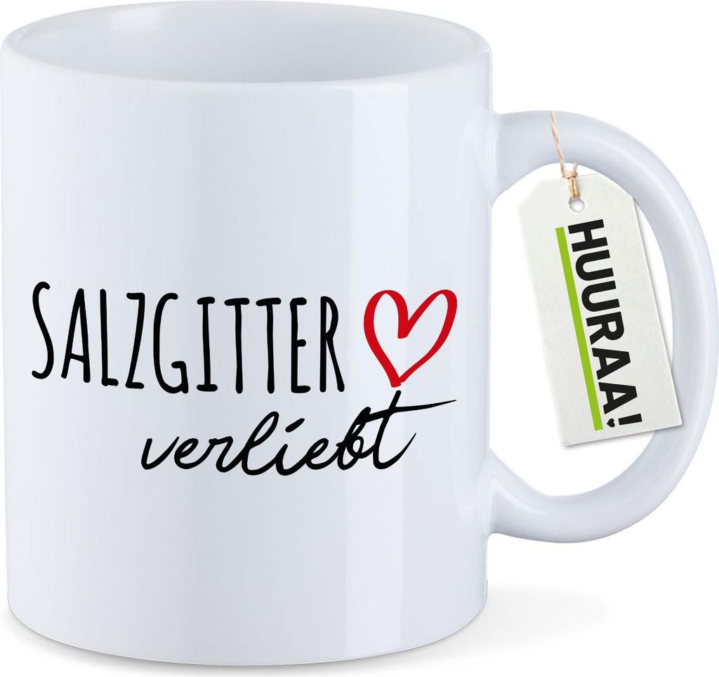 Huuraa Kaffeetasse Salzgitter verliebt 330ml Weiß Keramik Kaffeebecher Geschenkidee