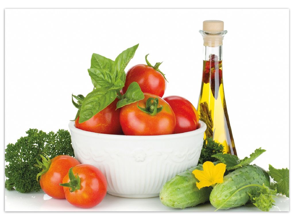 Wallario Premium Teppich, Größe 50 x 70 cm, Frische Salatzutaten mit Kräuter-Öl - Tomaten, Gurke, Petersilie