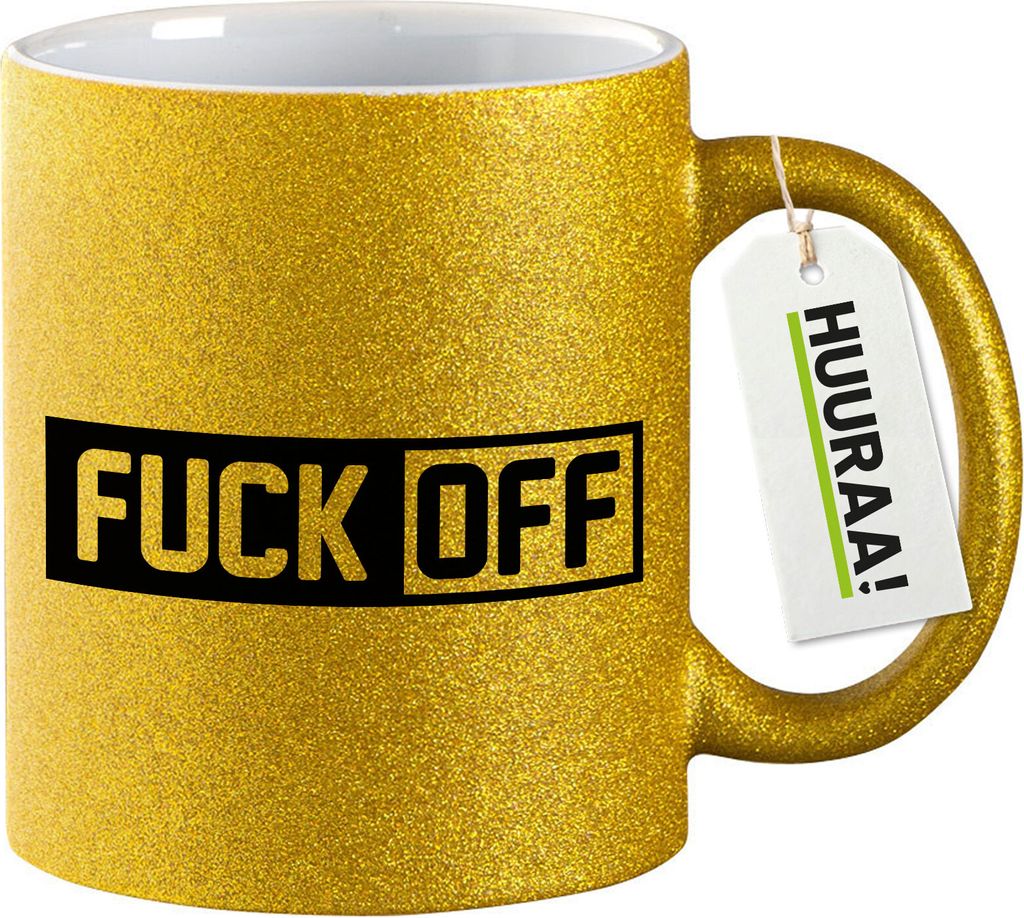 Huuraa Glitzertasse Fuck Off Schriftzug 330ml Gold Keramik Kaffeebecher Geschenkidee