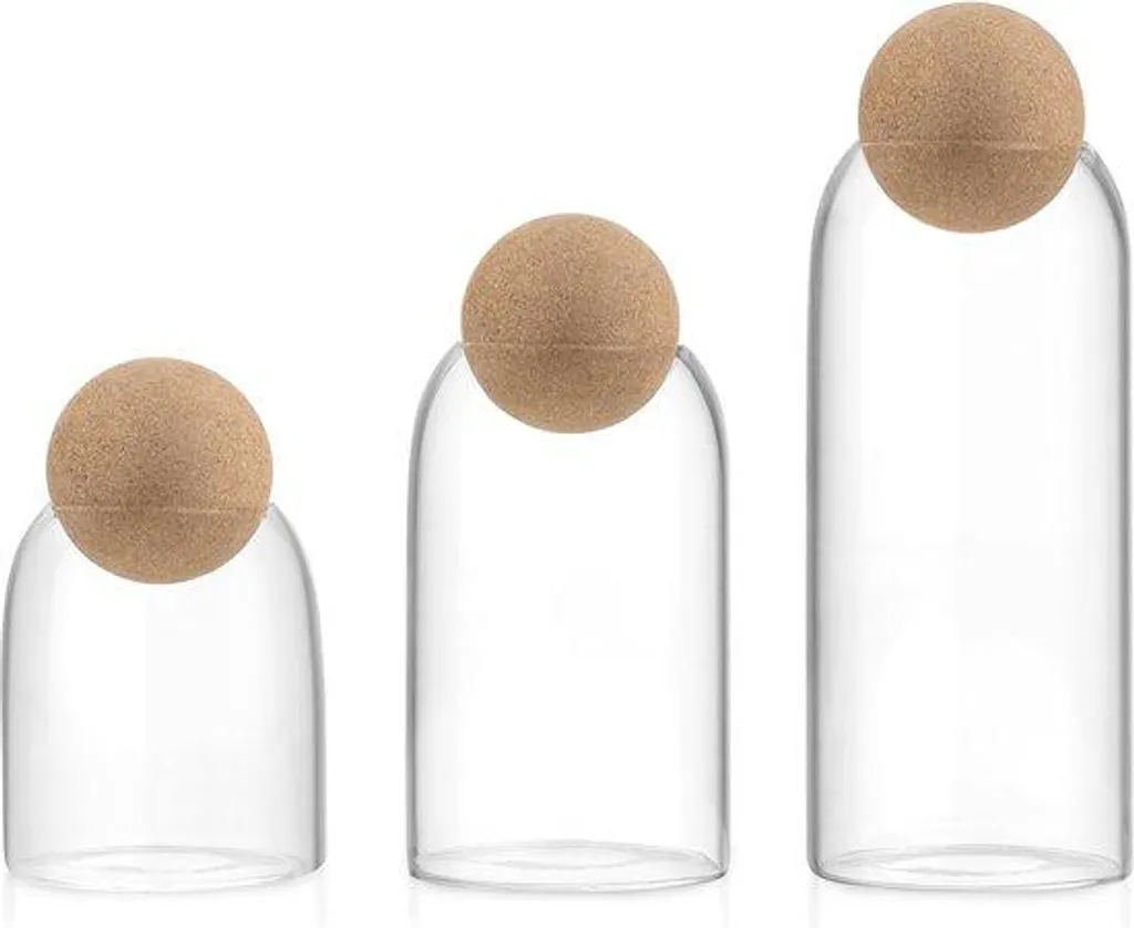 Récipients en verre transparent avec couvercle en liège pack de 3