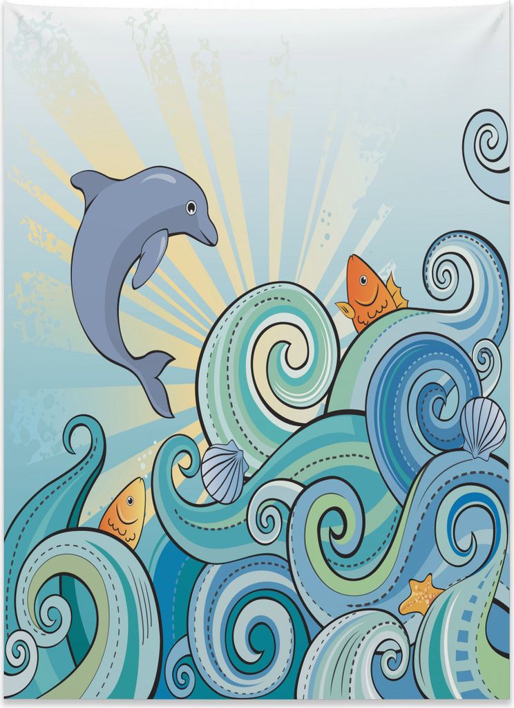 Abakuhaus Kids Wandteppich, Cartoon Delphin Ozean aus Weiches Mikrofaser Stoff Kein Verblassen Klare Farben Waschbar, 110 x 150 cm, Mehrfarbig