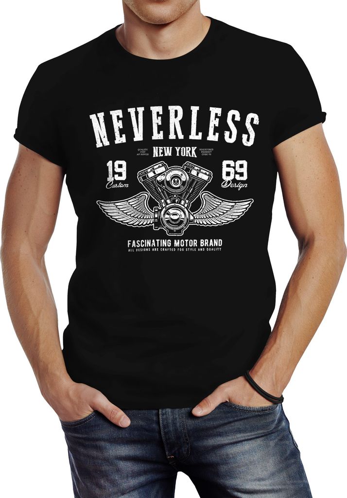 Herren T-Shirt Biker Motorrad Motorblock Engine Flügel Wings Slim Fit Neverless schwarz XXL