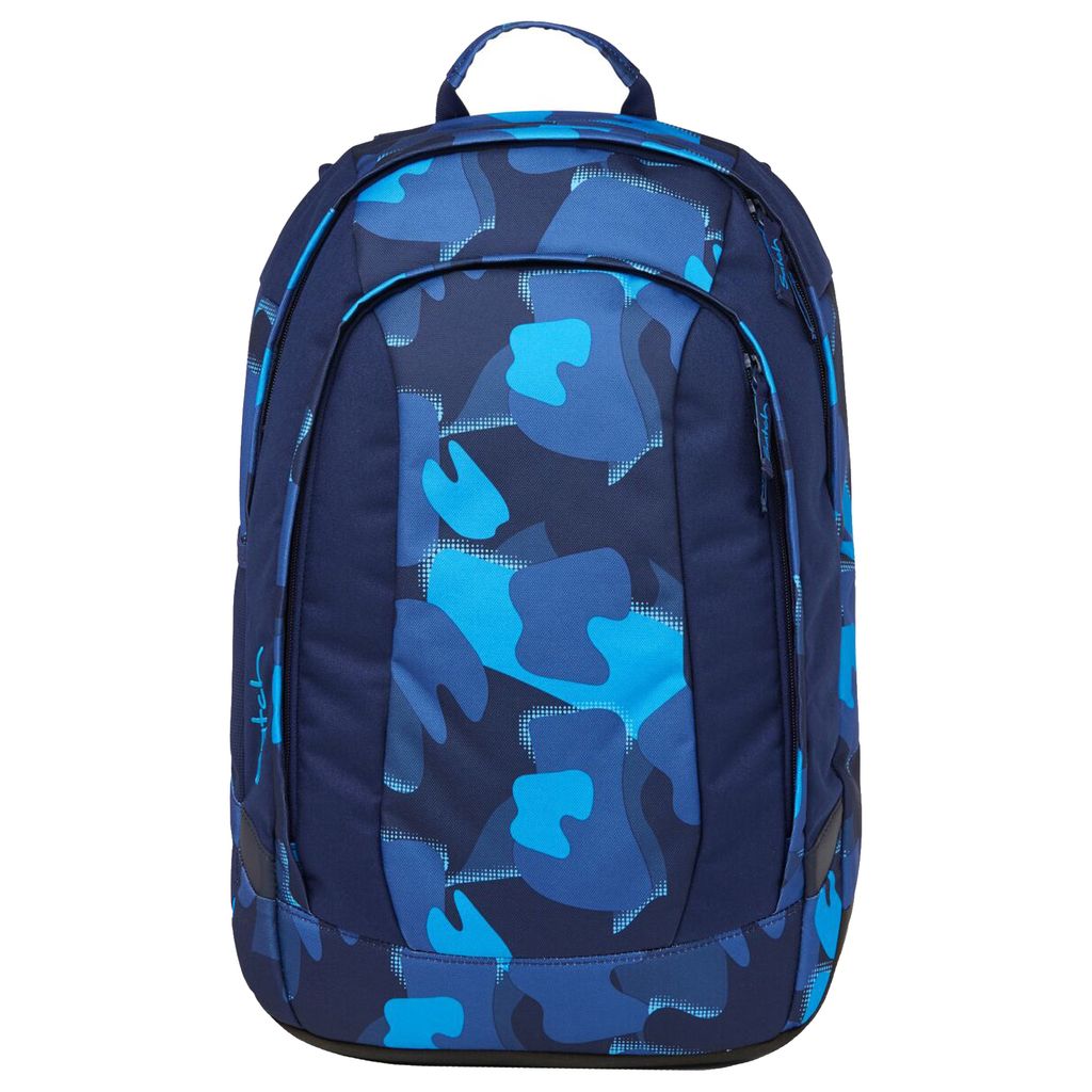 A blue camouflage backpack is shown against a white background.