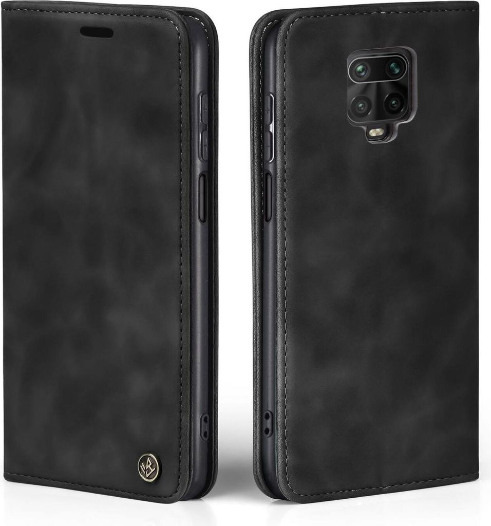 A black flip case for a smartphone is shown from two angles.
