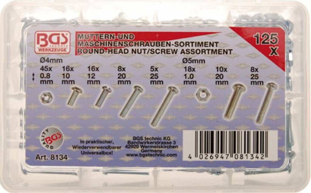 KRAFTMANN 8134 Muttern- und Schrauben-Sortiment, M4 + M5 metrisch, 125-tlg.