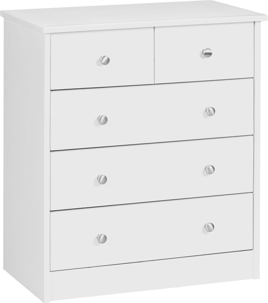 Design Holz-Kommode 60 x 70 x 35 cm weiß mit 5 Schubladen | Mehrzweckanrichte flach für Flur | Modernes Sideboard zeitlose Anrichte