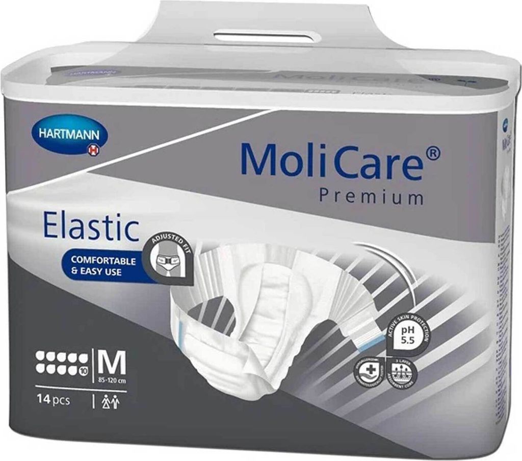 A package of Molicare Premium Elastic adult diapers.