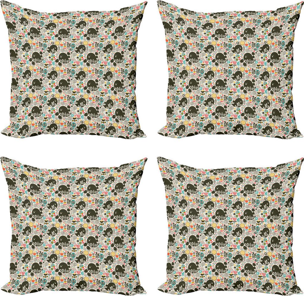 ABAKUHAUS Kunst Kissenbezug Set (4 Stück), Vögel Blumen Shapes, Moderner Doppelseitiger Digitaldruck, 60 cm x 60 cm, Mehrfarbig