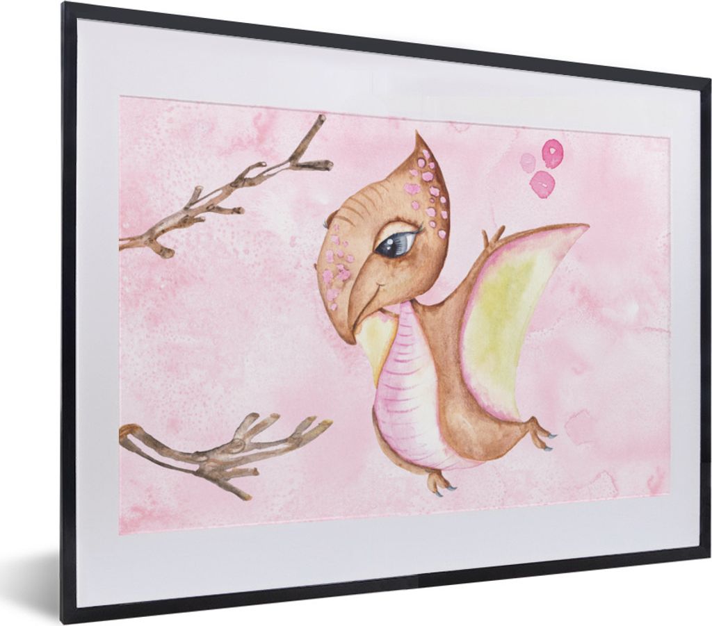 MuchoWow Gerahmtes Poster Dinosaurier - Kinderzimmer - Zweige - Mädchen - Kinder - Rosa 40x30 cm - Poster mit Schwarzem Bilderrahmen Wandposter ...