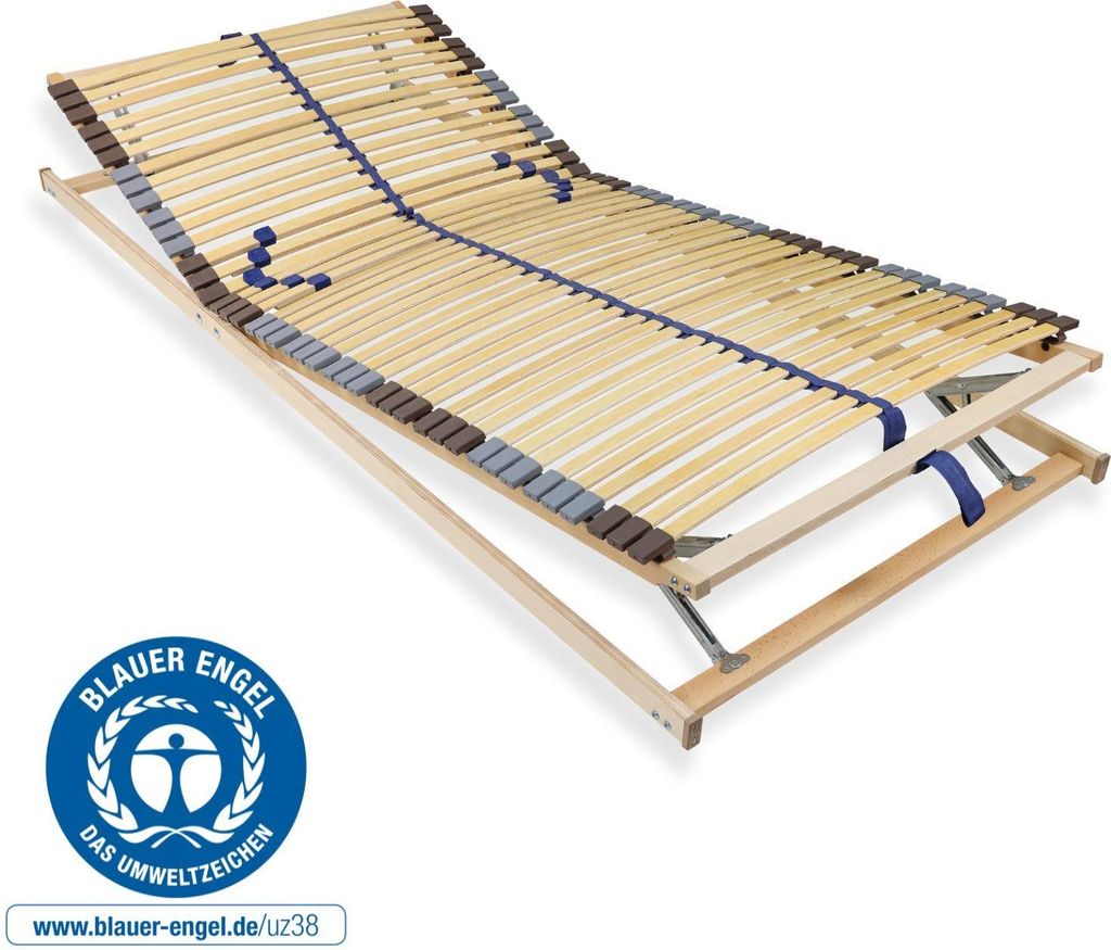 Lattenrost 100x200 cm 42 Latten fertig montiert Kopf & Fuß verstellbar Blauer Engel- 7-Zonen Traglast ca. 150 kg Birkenschichtholz