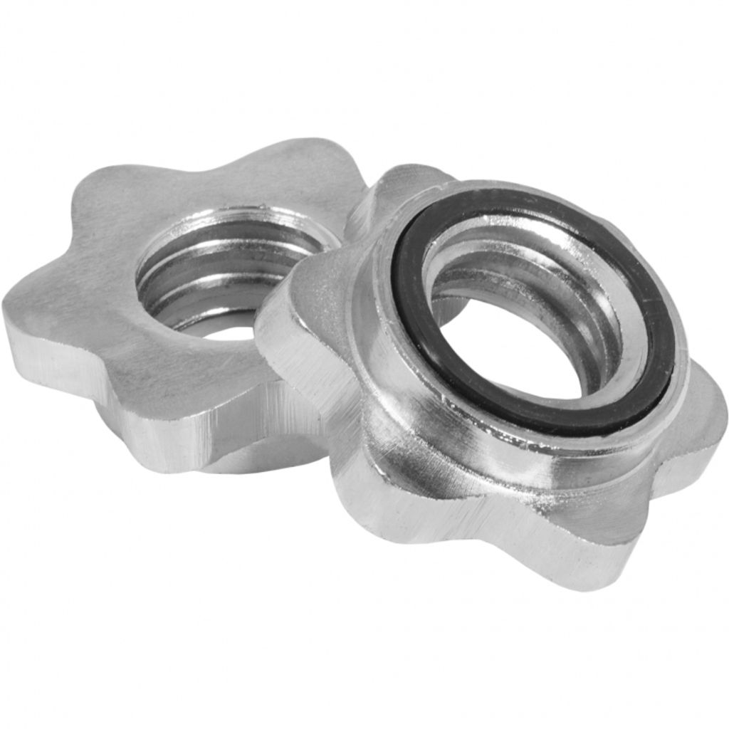 Two star-shaped nuts for a barbell, one with a black rubber ring.