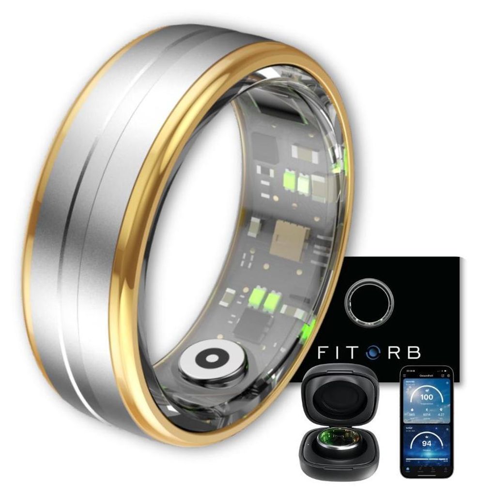 A smart ring and its accessories are displayed against a white background.