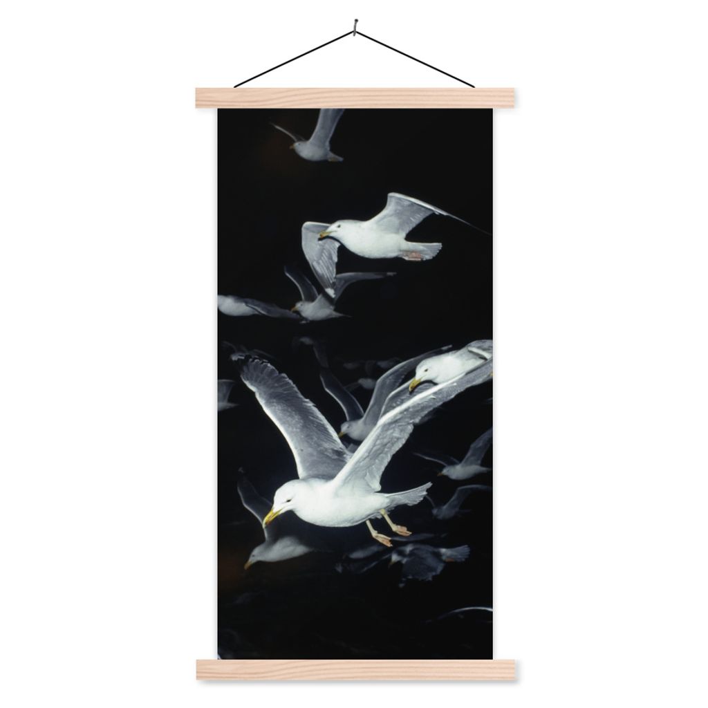 MuchoWow Textilposter Vogel - Schwarz - Schwarm 60x120 cm mit holzfarbenen Rahmen - Holz