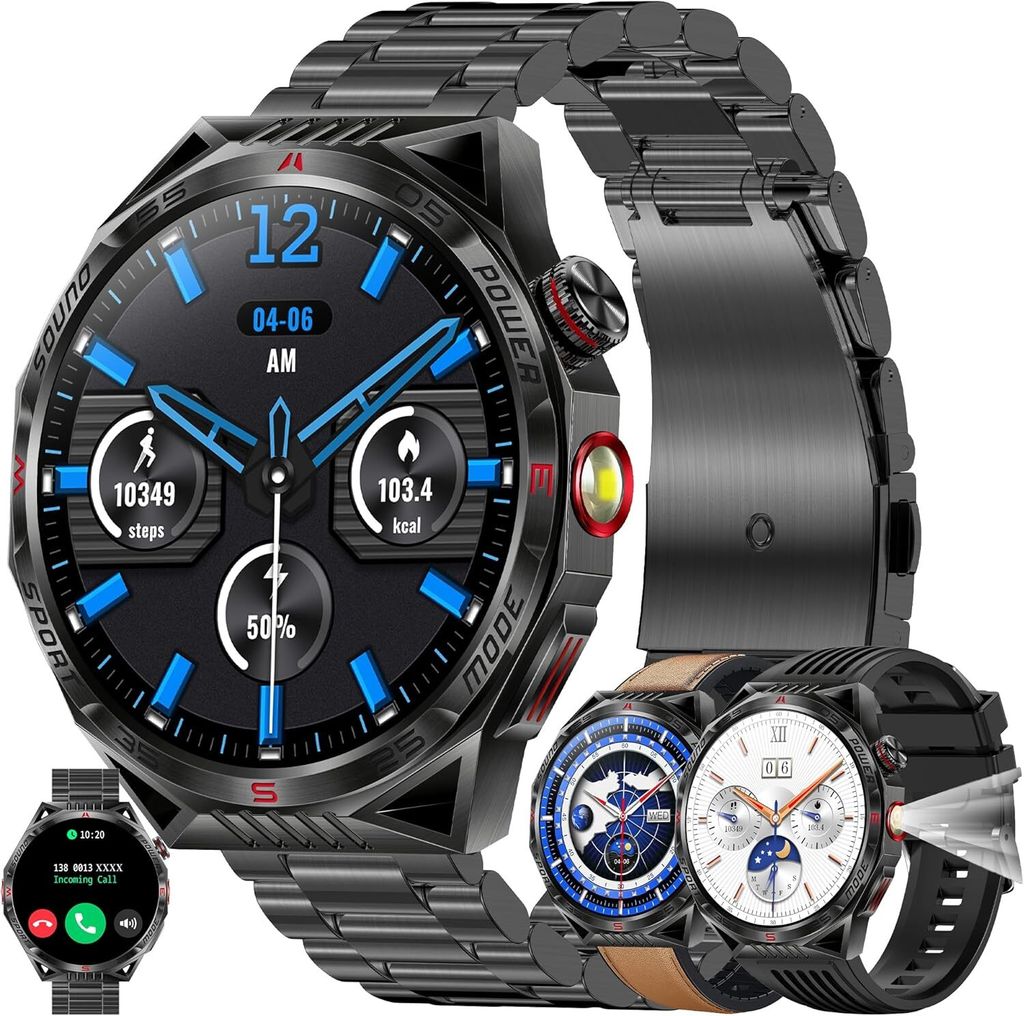 mit Telefonfunktion, 1,85” AMOLED 5ATM Rund Smart Watch Aktivitätstracker mit 123 Sportmodi Blutdruck Schlafmonitor Schrittzähler Armbanduhr