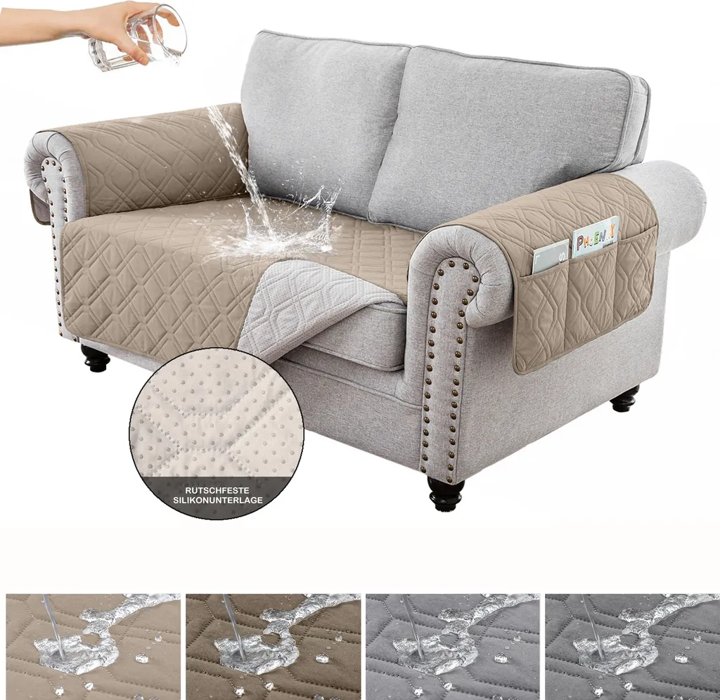 Housse canapé anti-rayures imperméable 2 places avec poches kaki