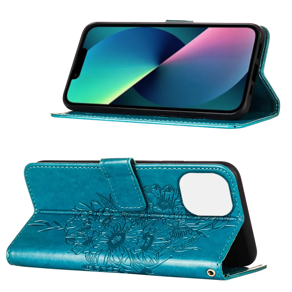 Custodia Flip Portafoglio Per IPhone 13 Con Cinturino E Farfalla In Rilievo 3D - Pelle Sintetica Con Slot E Chiusura Magnetica - Oro Rosa - 5