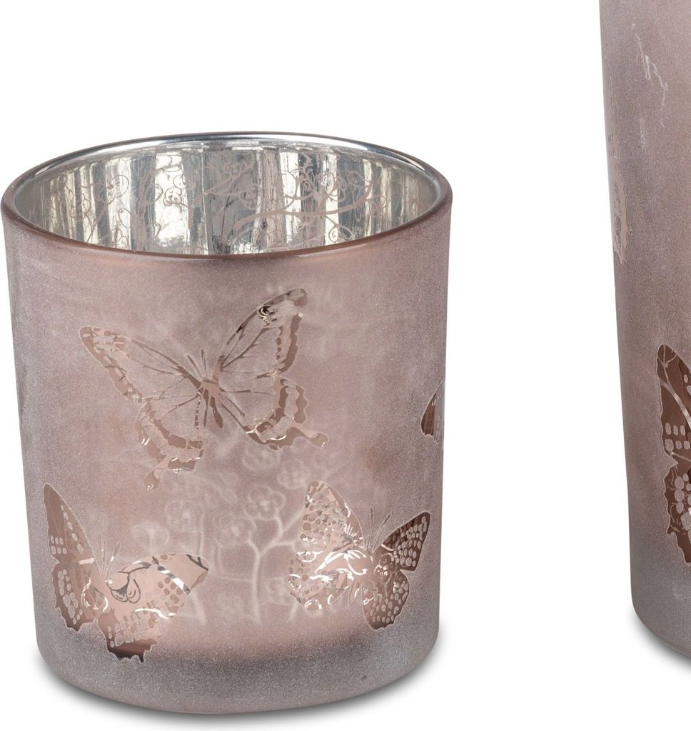 Teelichthalter, Windlicht Schmetterlinge H. 8cm rosa silber aus Glas Formano F25