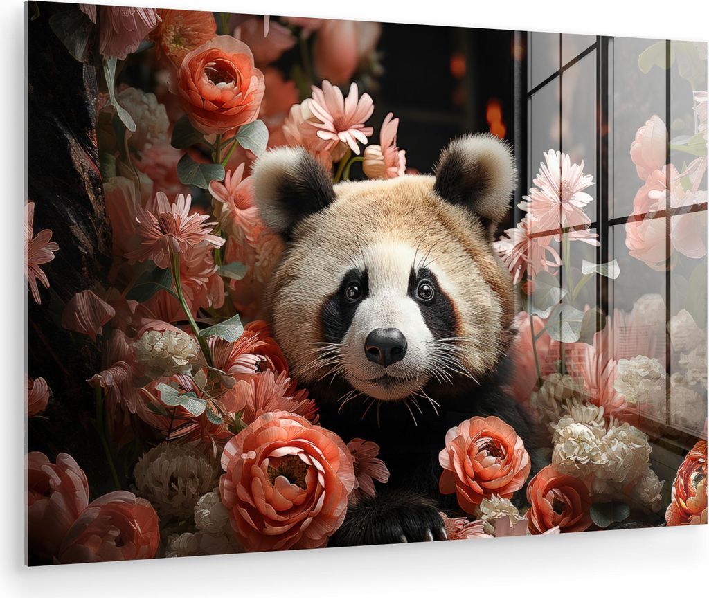 MuchoWow Glasbilder - Bilder auf Wandbild - Foto auf Glas Panda - Tier - Blumen - Natur - Botanisch 60x40 cm Wanddekoration aus Glas - Acrylglasbil...