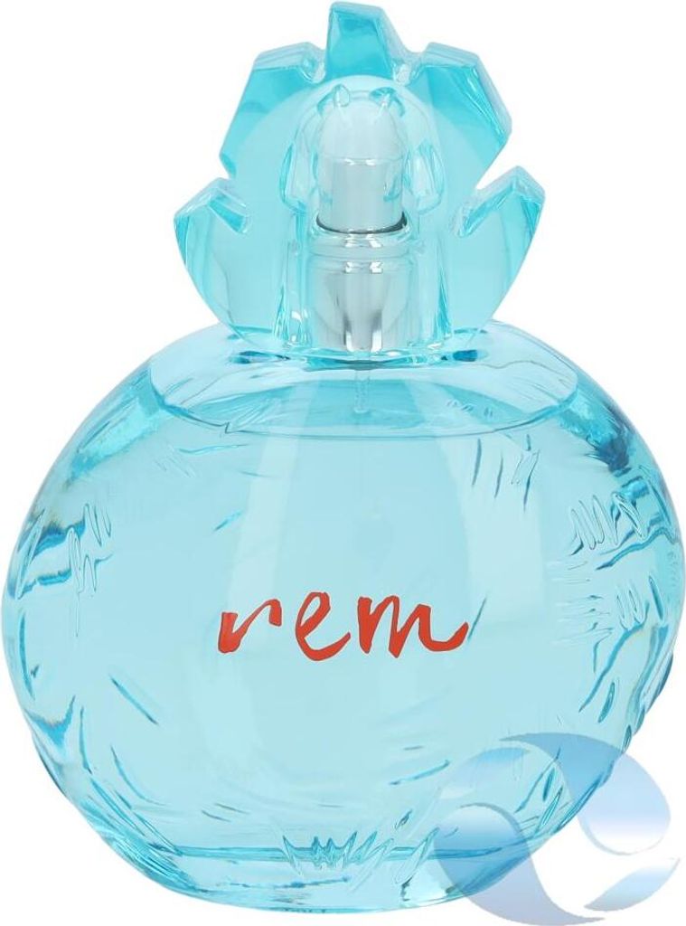 A clear studio shot of a blue perfume bottle with a decorative cap.