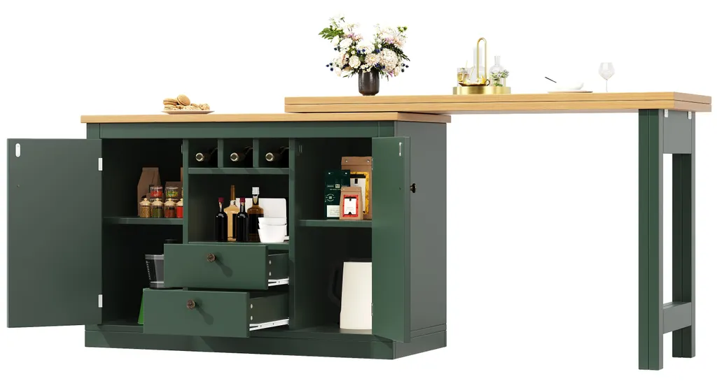Table haute 360° modulable vert foncé, buffet extensible avec étagères - 11