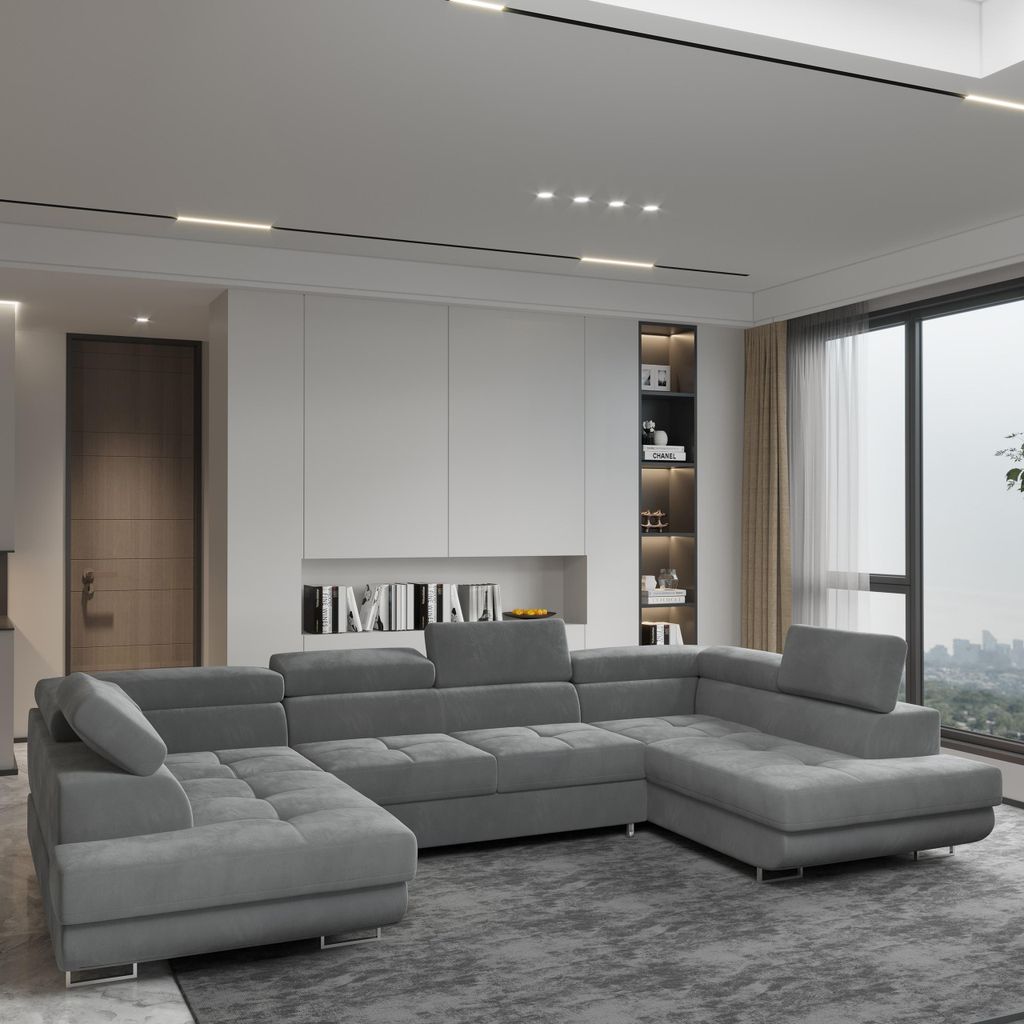 Masseno Ecksofa RAGGIO mit Schlaffunktion U-Form, Sofa mit Bettkasten, Wohnzimmersofa, Couch, Soffa, Bettsofa, Couchgarnitur- Grau, MONOLITH 85