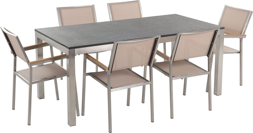 BELIANI Gartenmöbel Set Beige Schwarz Granit Edelstahl Tisch 180 cm Geflammt 6 Stühle Terrasse Outdoor Modern