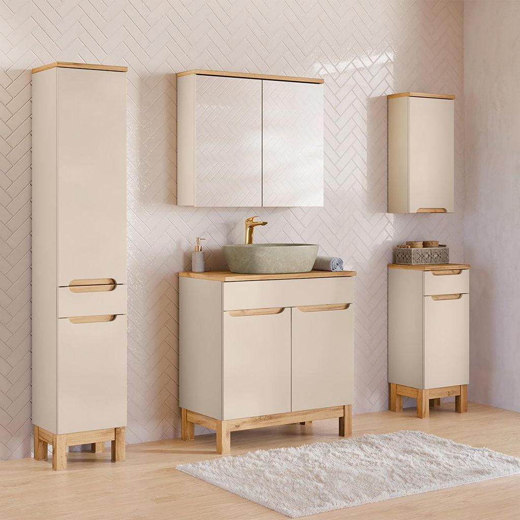 Badmöbel-Set 5-teilig mit 80 cm Waschtisch & Spiegelschrank in kaschmir und Eiche, modern grifflos - SOLNA-56-CASHMERE