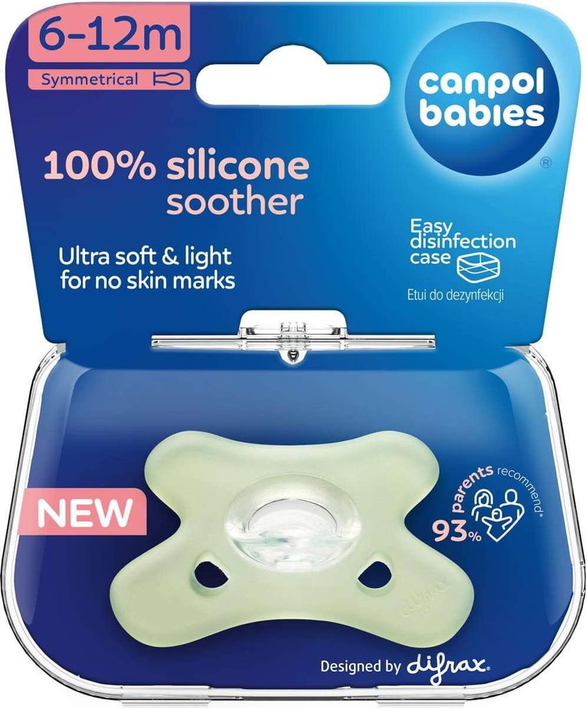 The image shows the packaging of a baby soother.