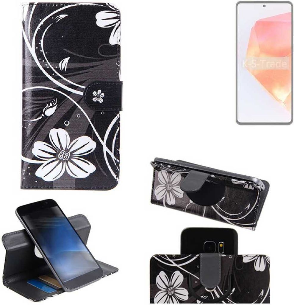 K-S-Trade Schutzhülle Handyhülle kompatibel mit Samsung Galaxy C55 Hülle 360° Wallet Case “Flowers“ Klapphülle Hülle schwarz-weiß 1x