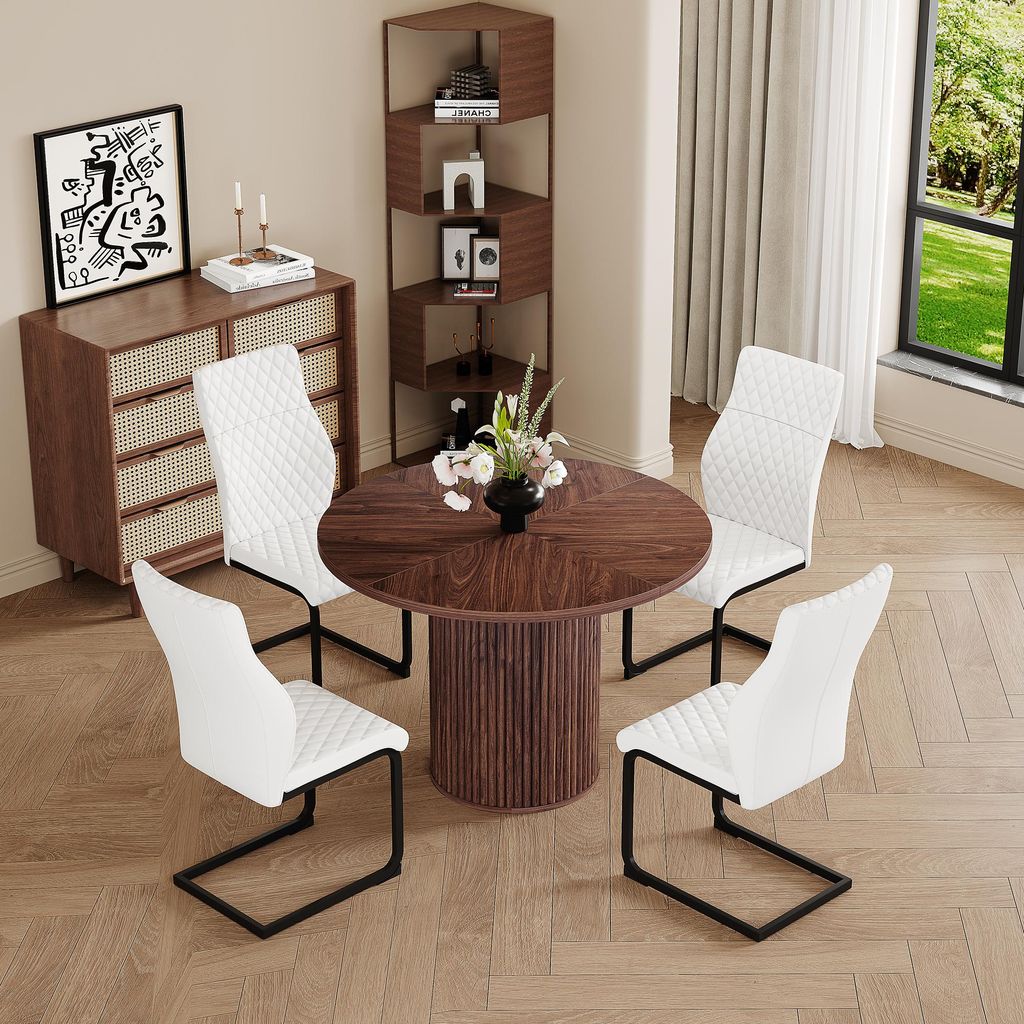 Esstisch Set Rund Ø 100cm Nussbaum-Optik mit 4 Esszimmerstühlen weiße, MDF 2,5cm Platte, Zylinder-Beine, Modernes Esszimmerset Sitzgruppe Platzs...