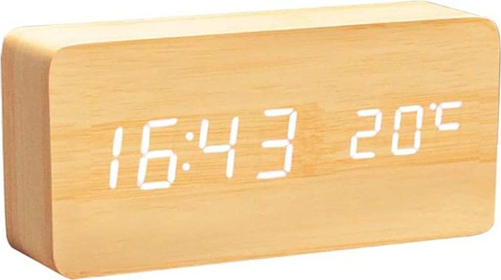 OKWISH Wecker Uhr in Holzoptik digital - Digitalwecker Anzeige von Uhrzeit Temperatur Datum - Alarm Clock mit USB Kabel mit weißen LED aus Holz