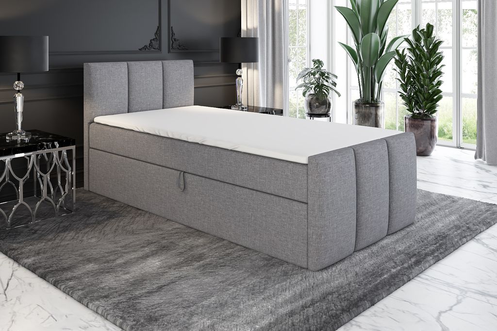 Boxspringbett, Jugendbett MOREN 90x200 (Rechts) mit Bettkästen, Bonell-Matratze und Topper. Farbe: Grau.