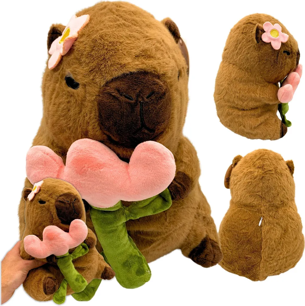 Doudou Capybara avec Fleur Tulipe 30 cm - Cadeau Anniversaire Enfant