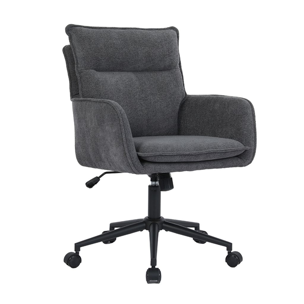 A dark gray office chair with a black base and wheels, shown against a white background.
