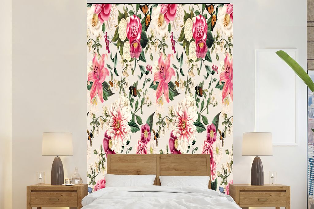 MuchoWow Fototapete für Wohnzimmer oder Schlafzimmer Wandtapete Vinyl Motivtapete Blumen - Lilie - Rosa - Muster - 170x260 cm - Wohnzimmertapete