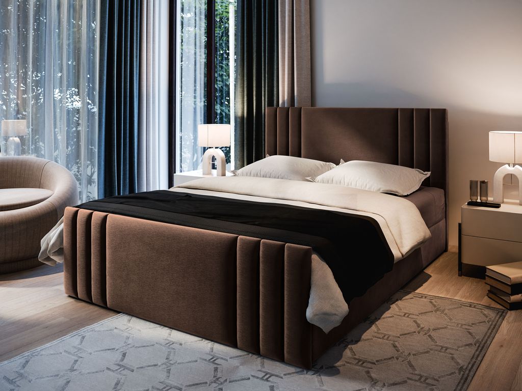 Masseno Boxspringbett KANES 140x200 cm Komplett-Set mit Bonell Matratze und Topper, Polsterbett mit Bettkästen -Braun, CASABLANCA 08
