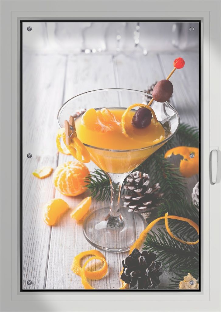 Wallario Lichtschutzbild, Dekorativer Sichtschutz Sonnenschutz 76 x 115 cm mit Motiv: Winterlicher Cocktail in orange - Verdunklung ohne Bohren