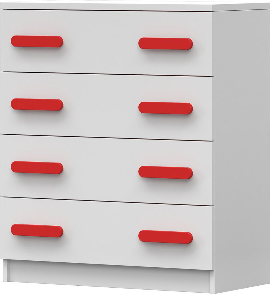 Kommode Sideboards Highboard für das Kinderzimmer 80cm Weiß/Weiß mit 4 Schubladen und rote Griffe Jonas 02